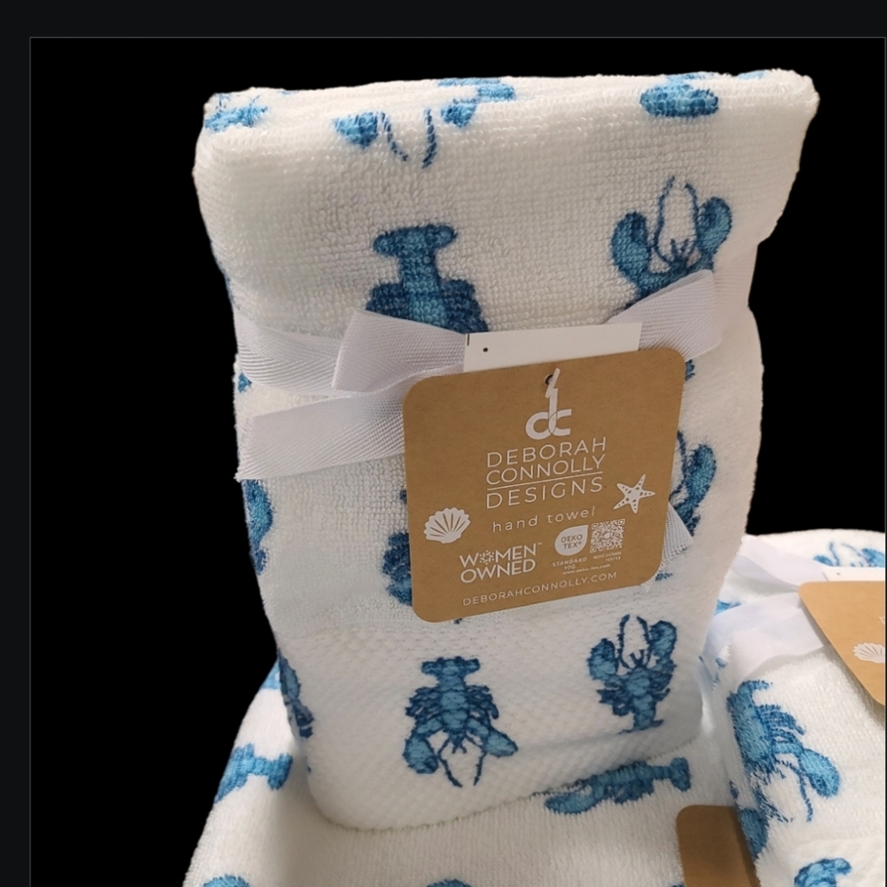 6pc Coastal Blue Lobster Bath Hand Tip/Washcloth Towel Set Deborah Connolly New - Picture 2 of 8